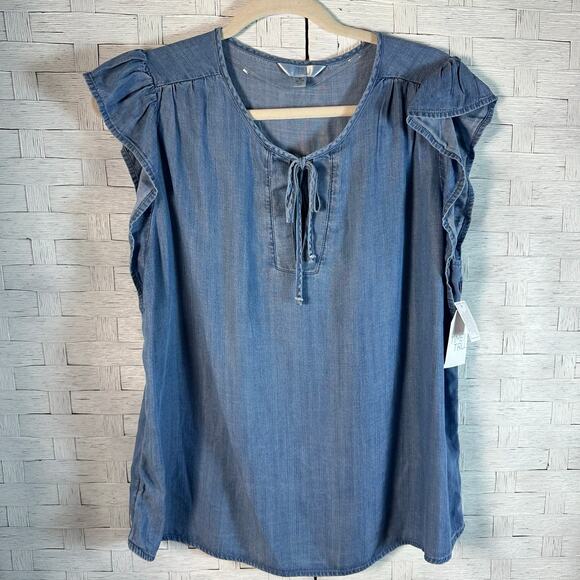 Time & true lightweight denim blouse flutter sleeve peasant bohemian summer - Picture 1 of 9